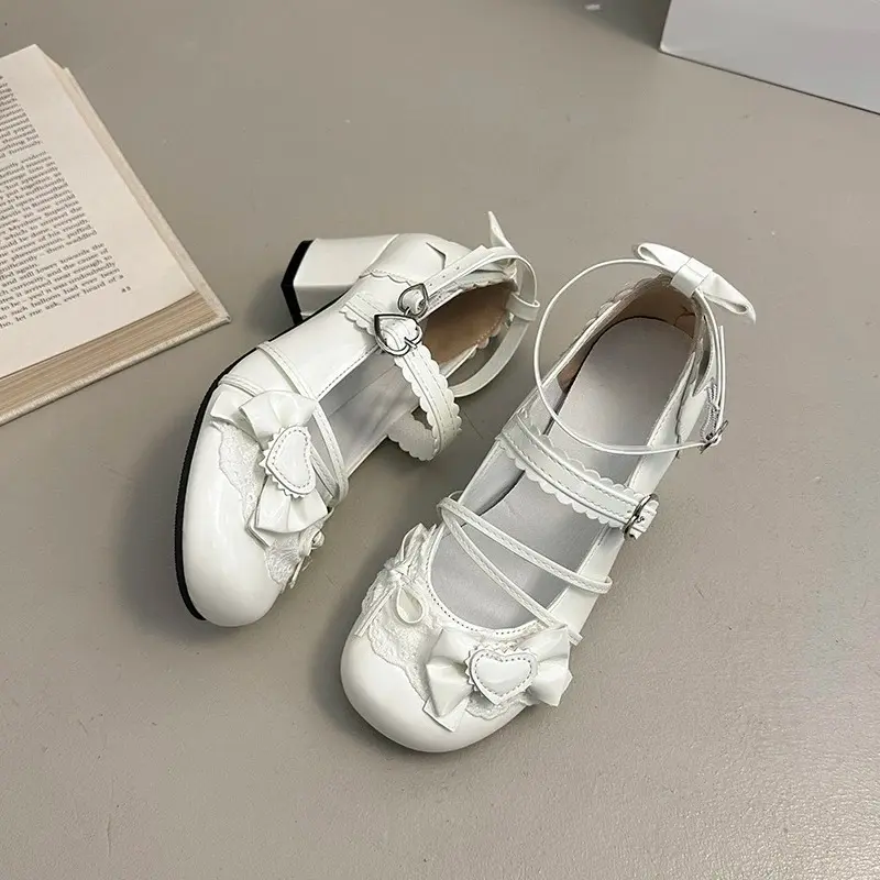 Bow Mary Janes Autumn New Round Toe Light Mouth One Strap Color Block Non-Slip Block Heel Single Shoes