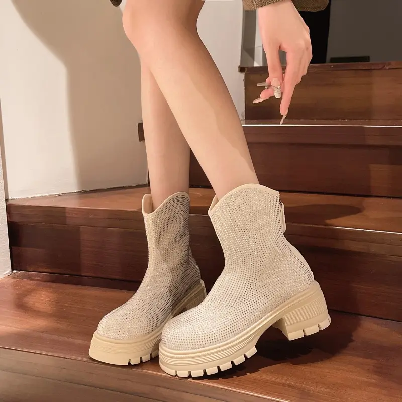 Winter New Thick Heel Snow Boots Women's Round Head Full Drill Back Zipper Thick Sole Anti-slip Wear-resistant Short Boots