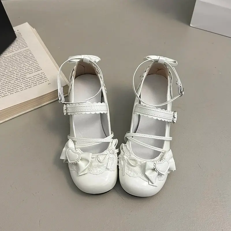 Bow Mary Janes Autumn New Round Toe Light Mouth One Strap Color Block Non-Slip Block Heel Single Shoes