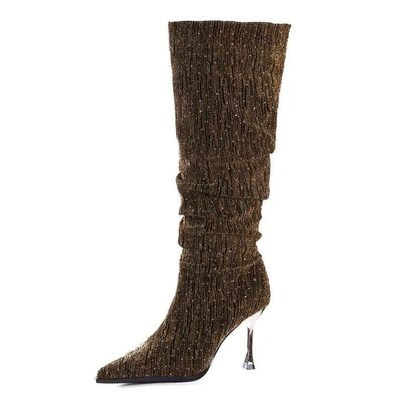 Women's New Autumn Thin Heel Single Boots Fashion Pointed Sleeve Sequin Cloth Anti-slip Wear-resistant Boots