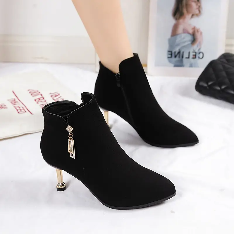 Women's Fashion Slim Heel Single Boots Winter New Pointed Side Zipper Metal Buckle Anti-slip Wear-resistant Short Boots