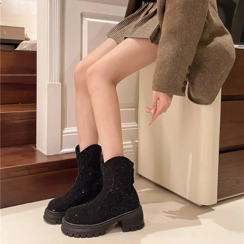 Winter New Thick Heel Snow Boots Women's Round Head Full Drill Back Zipper Thick Sole Anti-slip Wear-resistant Short Boots