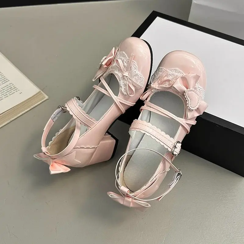 Bow Mary Janes Autumn New Round Toe Light Mouth One Strap Color Block Non-Slip Block Heel Single Shoes
