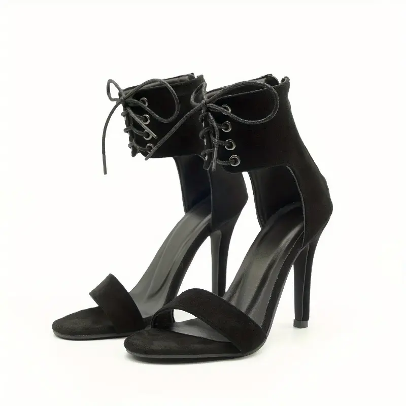 Roman high heels summer new round head suede front lace-up bag with anti-slip wear-resistant stiletto sandals
