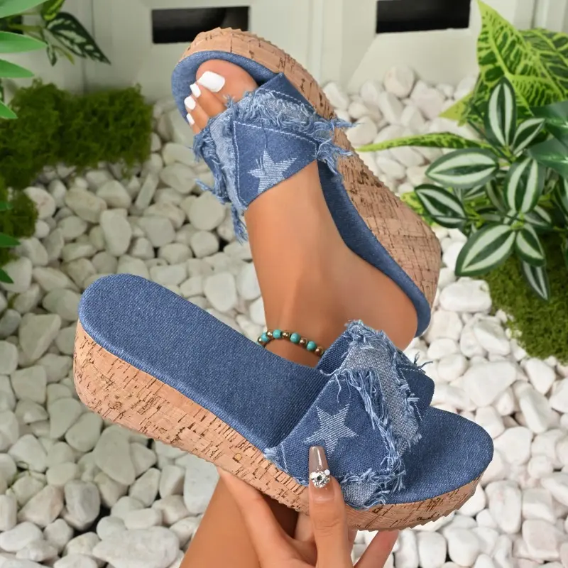 Wedge Cool Drag Women's Fashion Round Head Open Toe Denim Platform Non-Slip Flip-Flops