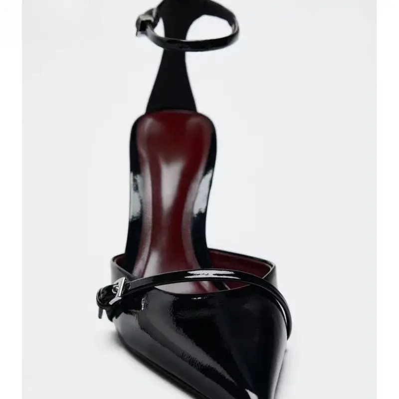 Baotou Sandals Summer New Pointed Head Shallow Mouth Metal Buckle A Word with Anti-slip Wear-resistant High Heels