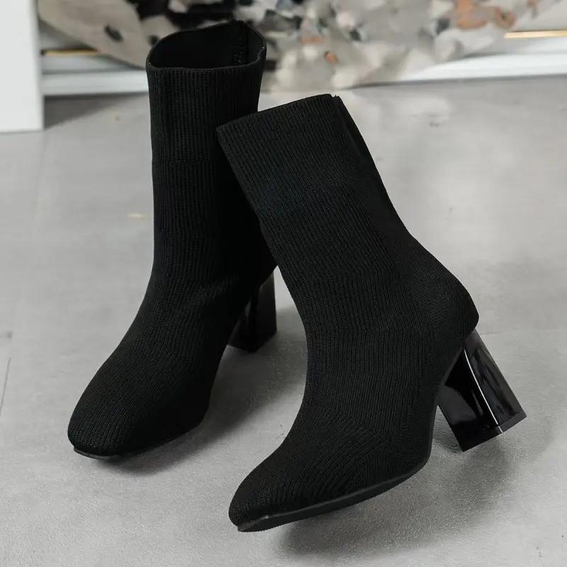 Autumn New Coarse Heel Single Boots Women's Square Head Mesh Cloth Breathable Anti-slip Wear-resistant Short Boots