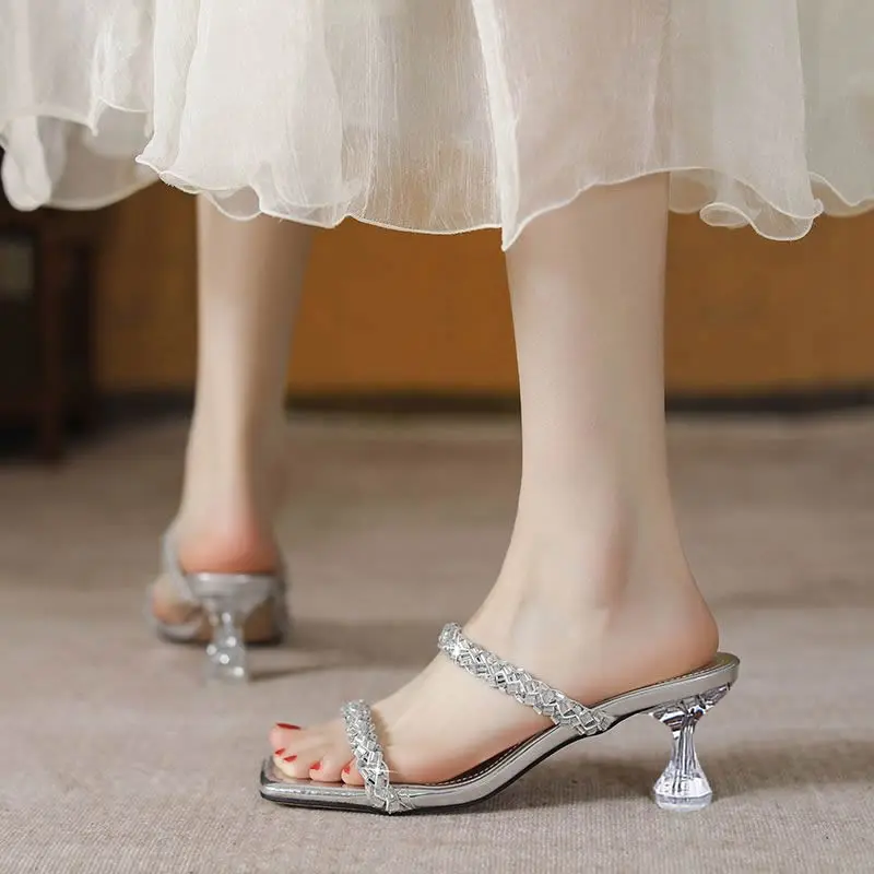 Transparent Slim Heel Liangtuo Women's Fashion Square Toe Open Toe Crystal One Strap Anti-slip Wear-resistant High Heels