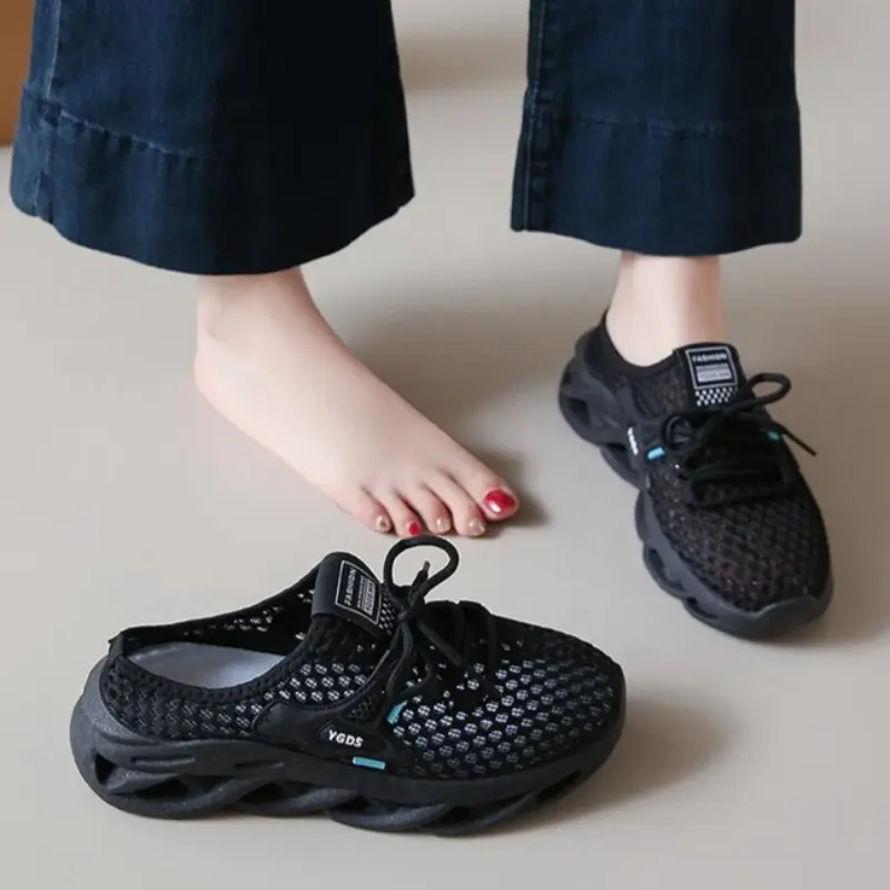 New Autumn Round-toed Deep-cut Mesh Slippers with Breathable Soft Sole and Non-slip Flat Bottom