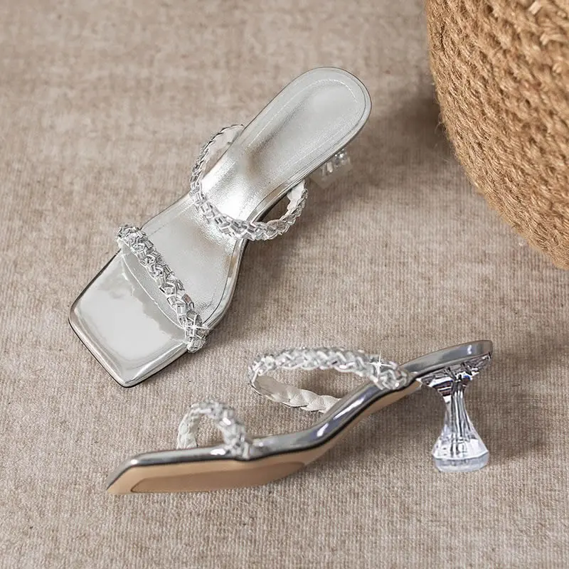 Transparent Slim Heel Liangtuo Women's Fashion Square Toe Open Toe Crystal One Strap Anti-slip Wear-resistant High Heels
