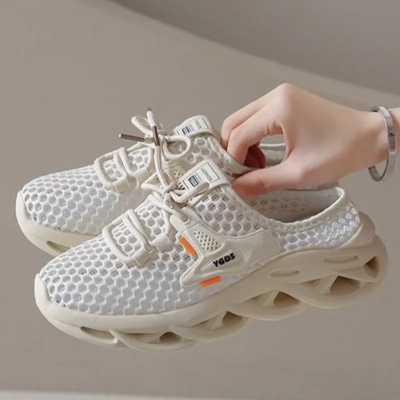 New Autumn Round-toed Deep-cut Mesh Slippers with Breathable Soft Sole and Non-slip Flat Bottom
