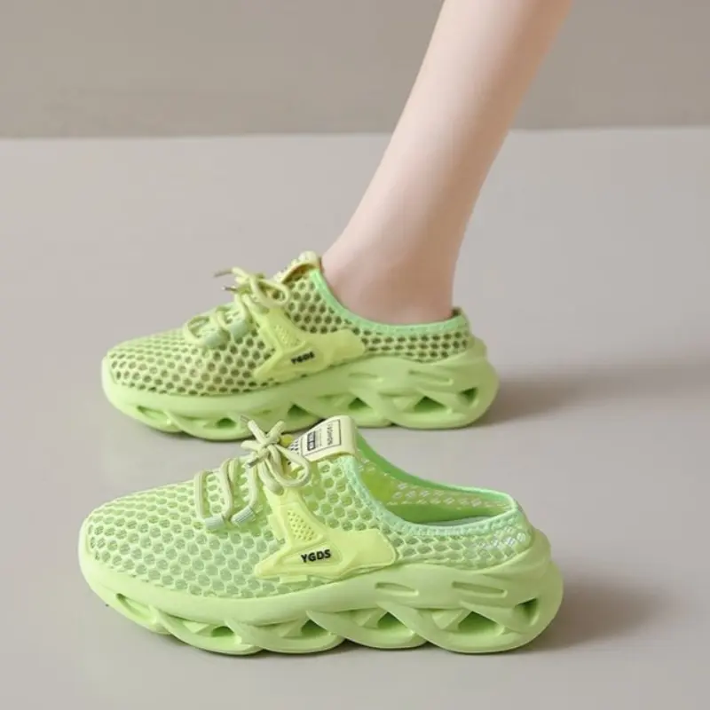 New Autumn Round-toed Deep-cut Mesh Slippers with Breathable Soft Sole and Non-slip Flat Bottom