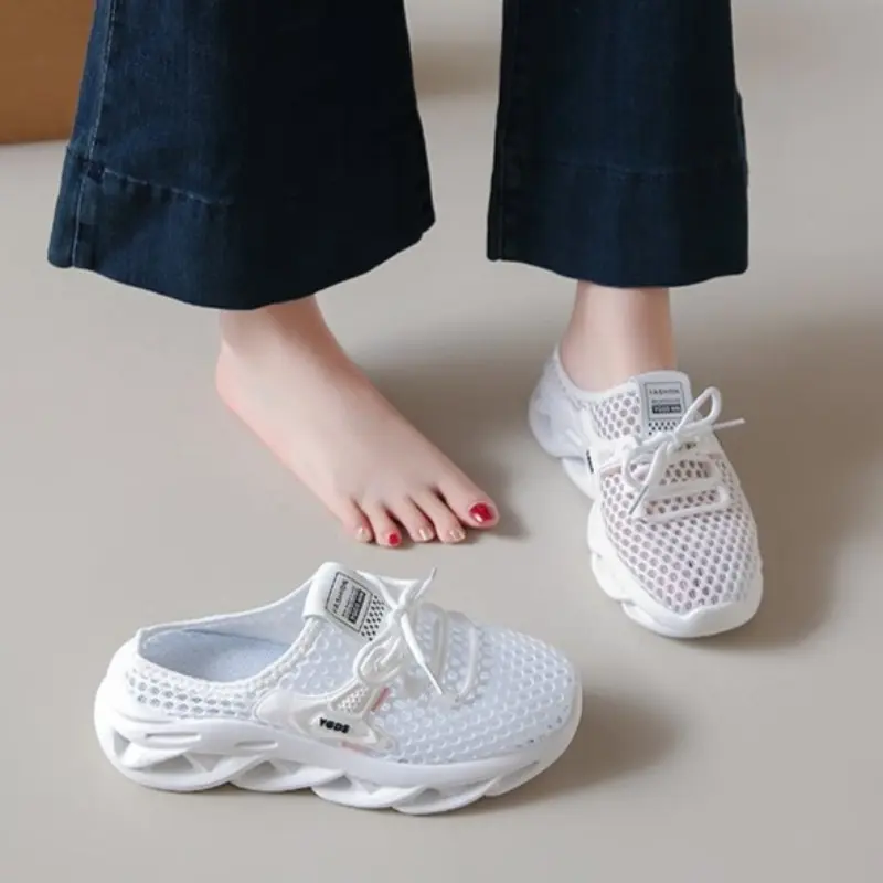 New Autumn Round-toed Deep-cut Mesh Slippers with Breathable Soft Sole and Non-slip Flat Bottom