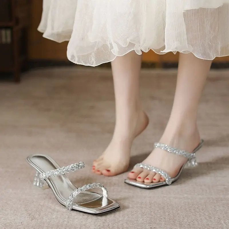 Transparent Slim Heel Liangtuo Women's Fashion Square Toe Open Toe Crystal One Strap Anti-slip Wear-resistant High Heels