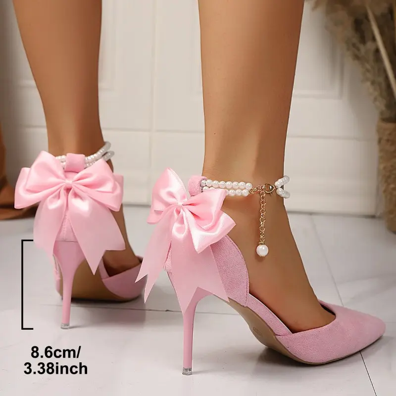 New Temperament Bow Wrapped Stiletto Sandals Women's Fashion Pearl Strappy Pointed Toe Shallow Suede Non-slip High Heels