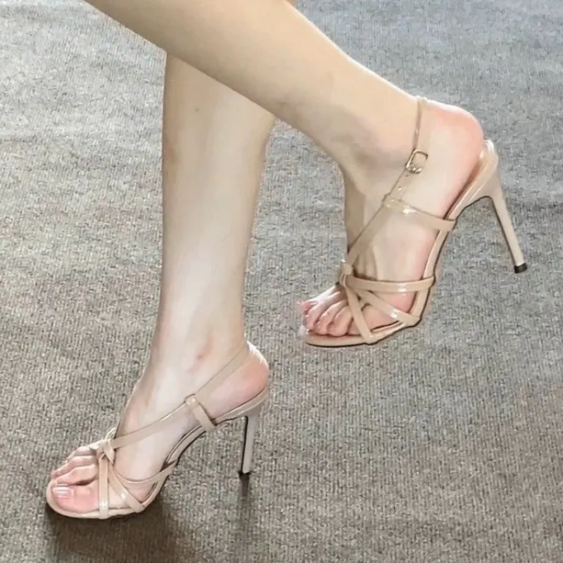 Temperament Stiletto Sandals Women's Summer New Round Toe Open Toe Cross Slim Strap Non-slip Strap High Heels