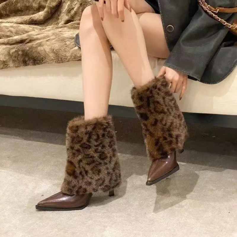 Women's Fashion Slim Heel Cotton Boots Winter New Pointy Splice Plush Sleeve Anti-slip Wear-resistant Ankle Boots