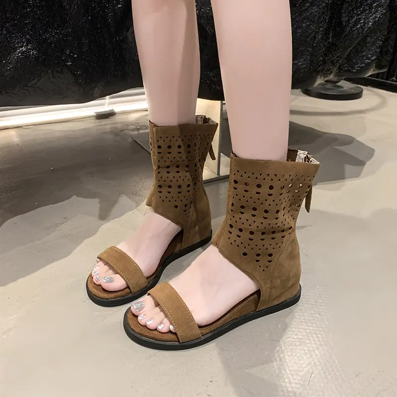 French Suede Open Toe Soft Sole Sandals Women's New Summer Round Toe Back Zipper with Skirt Versatile Flats