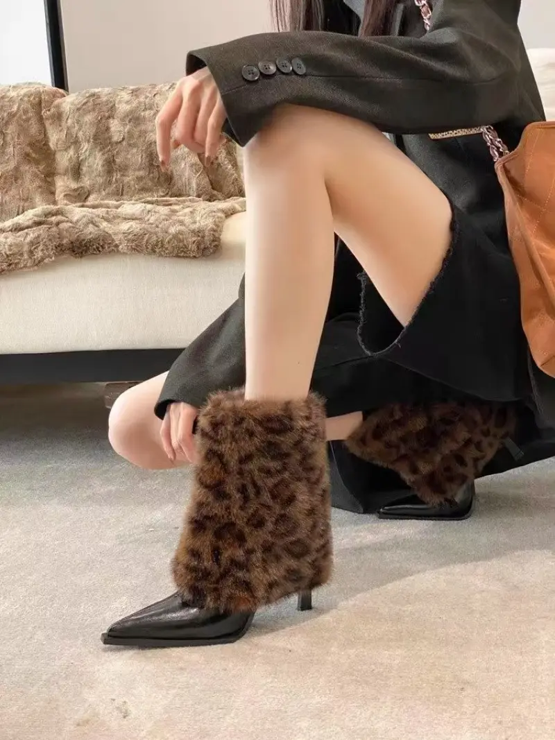 Women's Fashion Slim Heel Cotton Boots Winter New Pointy Splice Plush Sleeve Anti-slip Wear-resistant Ankle Boots