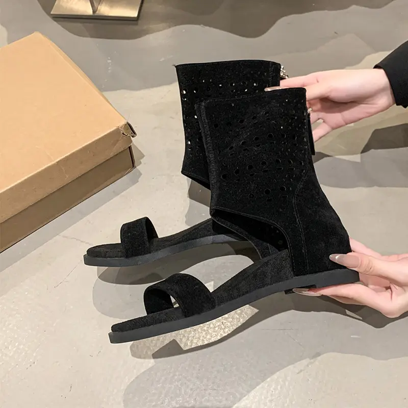 French Suede Open Toe Soft Sole Sandals Women's New Summer Round Toe Back Zipper with Skirt Versatile Flats