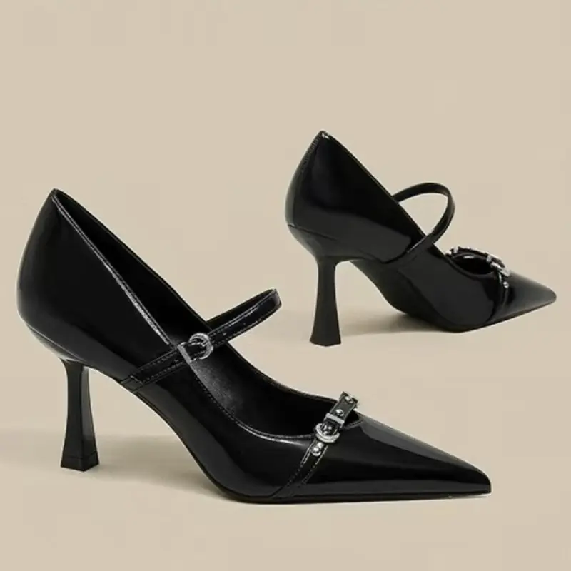 Metal Buckle Stiletto Single Shoes Women's Fashion Pointed Toe Shallow Mouth Slip Strap Non-Slip High Heels