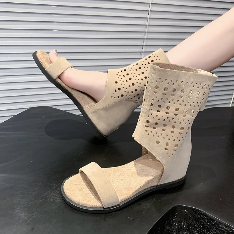 French Suede Open Toe Soft Sole Sandals Women's New Summer Round Toe Back Zipper with Skirt Versatile Flats
