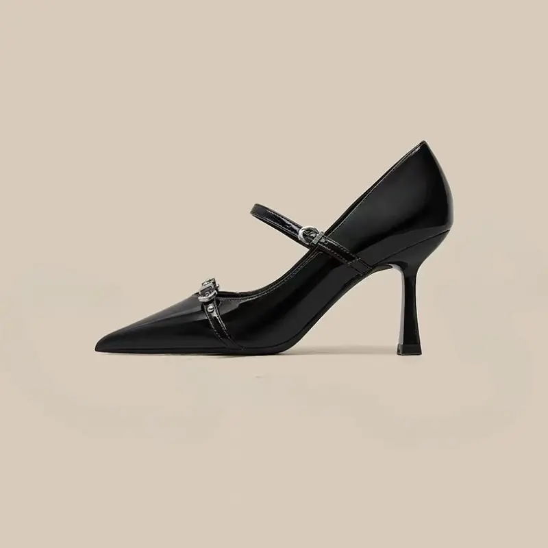 Metal Buckle Stiletto Single Shoes Women's Fashion Pointed Toe Shallow Mouth Slip Strap Non-Slip High Heels