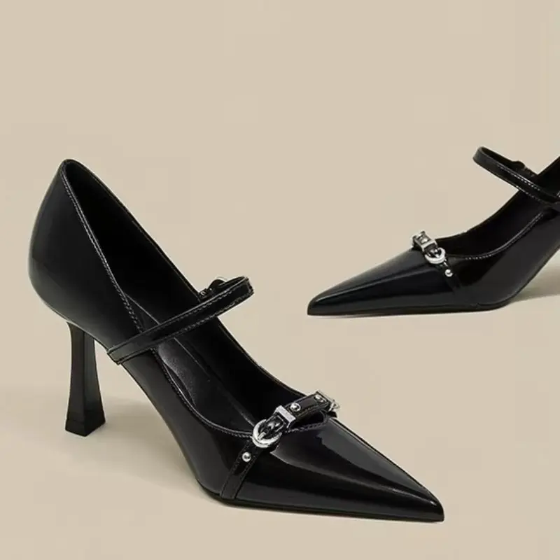 Metal Buckle Stiletto Single Shoes Women's Fashion Pointed Toe Shallow Mouth Slip Strap Non-Slip High Heels
