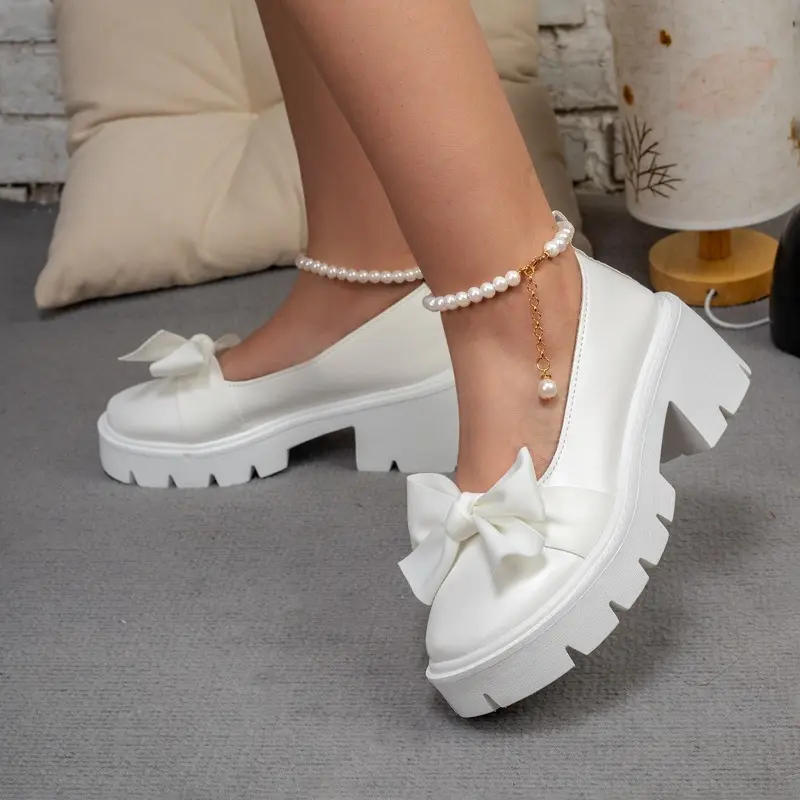 Bow Block Heel Single Shoes Women's Autumn New Round Toe Shallow Mouth Beaded Platform Non-Slip Heels