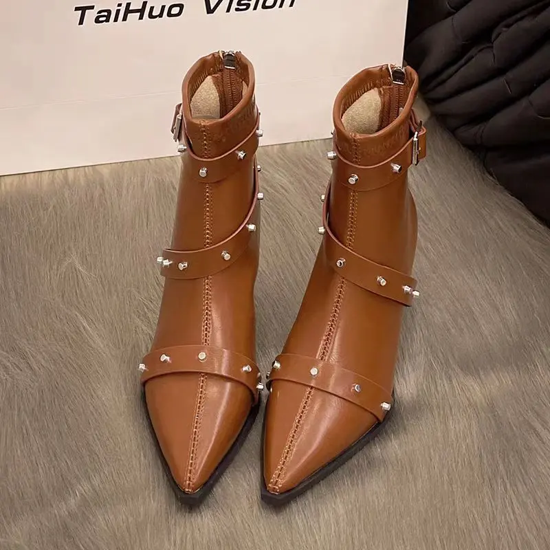 Women's Fine Heel Cotton Boots Winter New Pointy Head Back Zipper Rivet Anti-slip Wear-resistant Short Boots