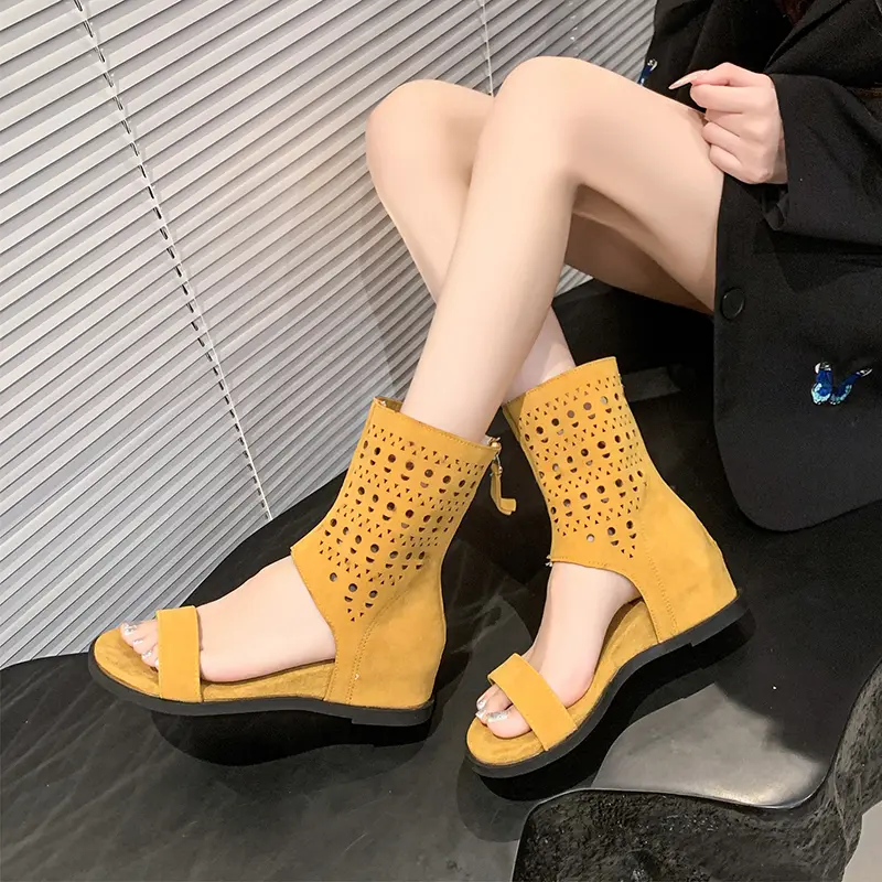 French Suede Open Toe Soft Sole Sandals Women's New Summer Round Toe Back Zipper with Skirt Versatile Flats
