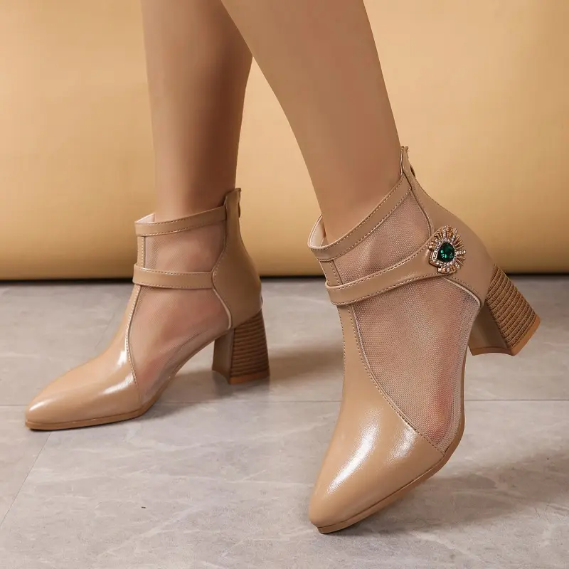 Crystal Buckle Block Heel Mesh Boots Spring Summer New Pointed Toe Paneled Mesh Breathable Plus Size High Heel Sandals