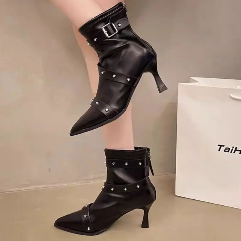 Women's Fine Heel Cotton Boots Winter New Pointy Head Back Zipper Rivet Anti-slip Wear-resistant Short Boots
