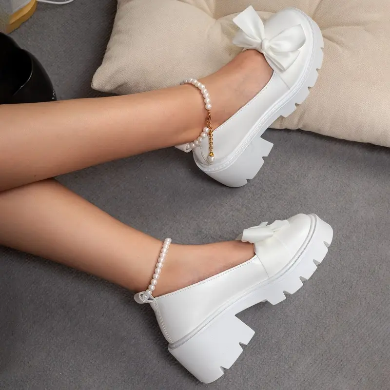 Bow Block Heel Single Shoes Women's Autumn New Round Toe Shallow Mouth Beaded Platform Non-Slip Heels