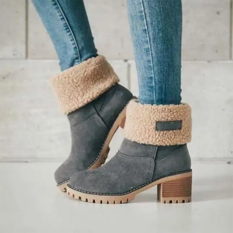 Women's Fashion Chunky Heels Winter New Round Head Suede Sleeve Comfortable High Heel Short Cotton Boots