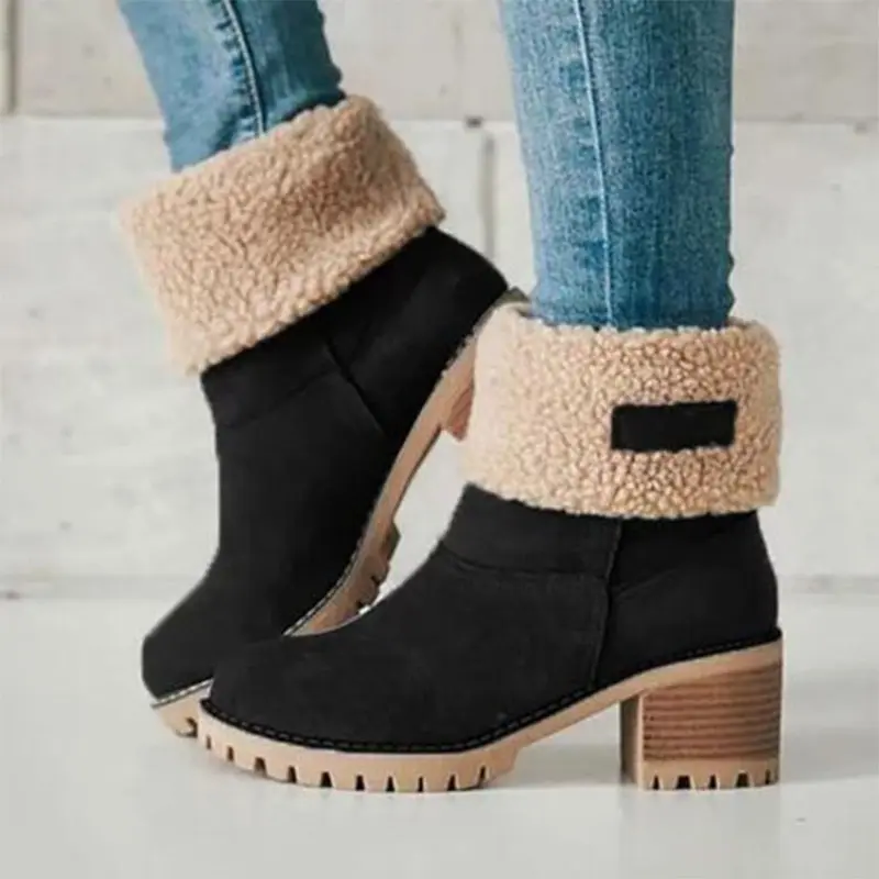 Women's Fashion Chunky Heels Winter New Round Head Suede Sleeve Comfortable High Heel Short Cotton Boots