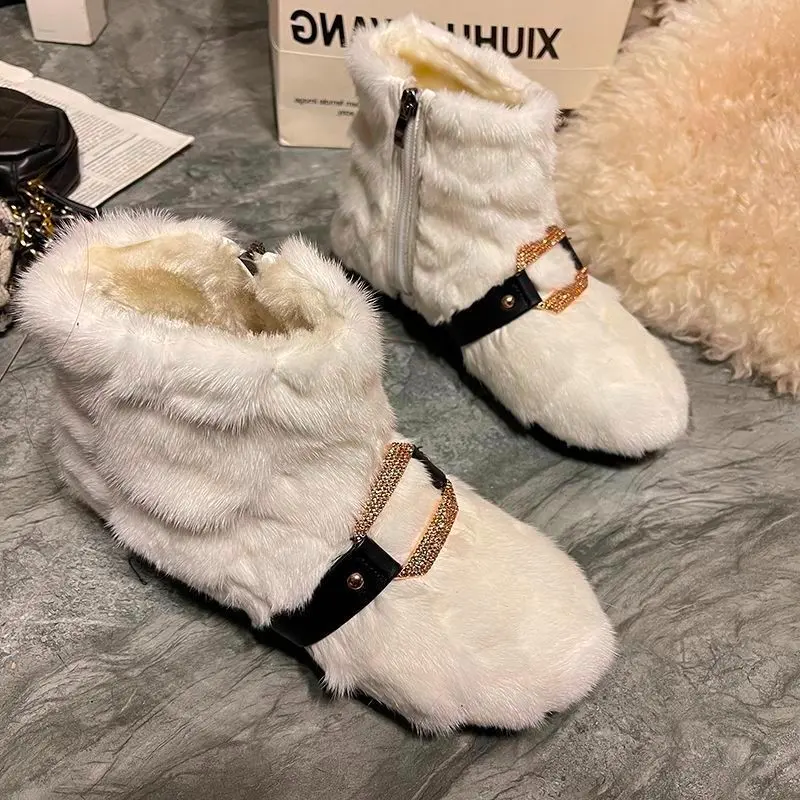 Winter New Low-heel Snow Boots Women's Fashion Round Head Plush Side Zipper Metal Buckle Anti-slip Wear-resistant Short Boots