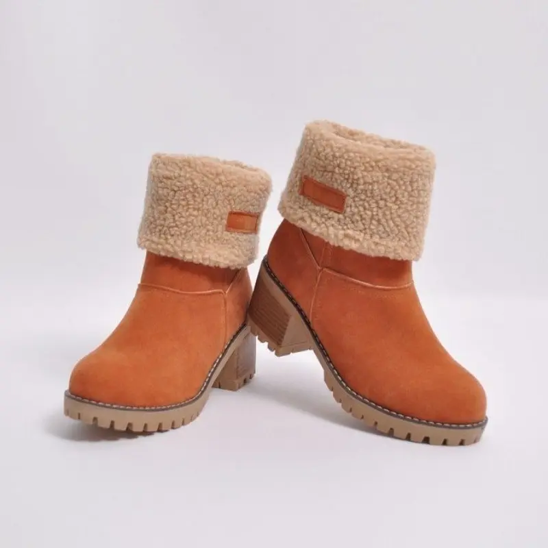 Women's Fashion Chunky Heels Winter New Round Head Suede Sleeve Comfortable High Heel Short Cotton Boots