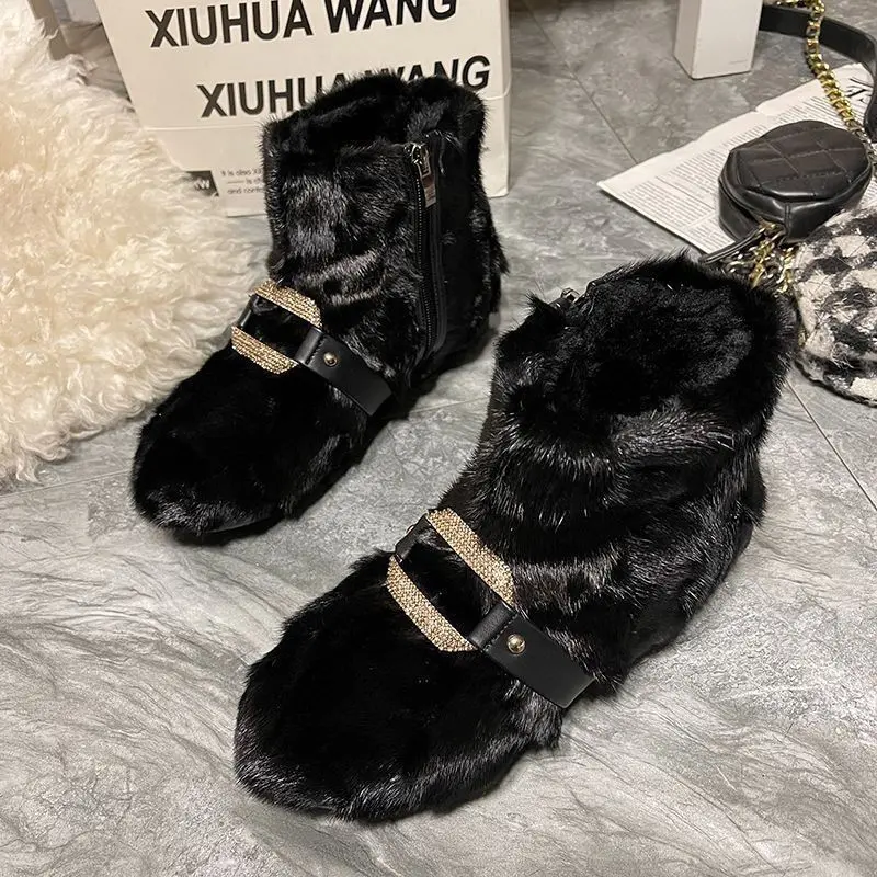 Winter New Low-heel Snow Boots Women's Fashion Round Head Plush Side Zipper Metal Buckle Anti-slip Wear-resistant Short Boots