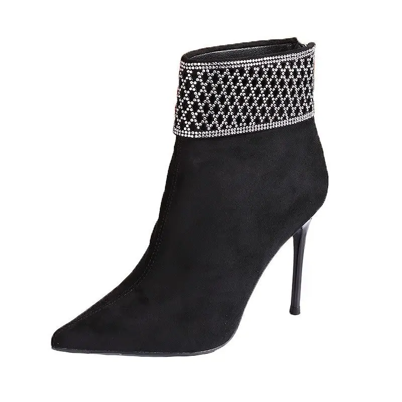 Women's Fashion Slim Heel Single Boots Winter New Pointed Suede Back Zipper Anti-slip Wear-resistant High Heels