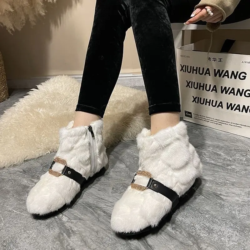 Winter New Low-heel Snow Boots Women's Fashion Round Head Plush Side Zipper Metal Buckle Anti-slip Wear-resistant Short Boots