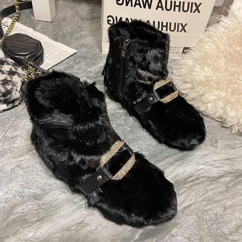 Winter New Low-heel Snow Boots Women's Fashion Round Head Plush Side Zipper Metal Buckle Anti-slip Wear-resistant Short Boots