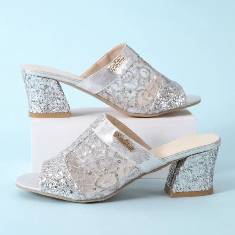 Sequin Cloth Block Heel Slippers Summer New Round Toe Open Toe Anti-slip Wear-resistant High Heels