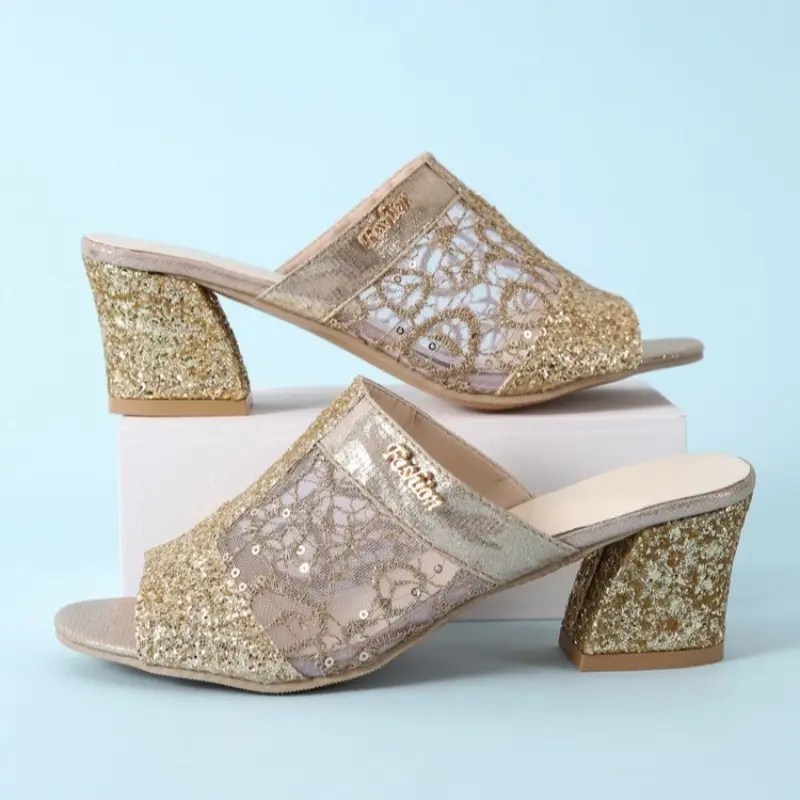 Sequin Cloth Block Heel Slippers Summer New Round Toe Open Toe Anti-slip Wear-resistant High Heels