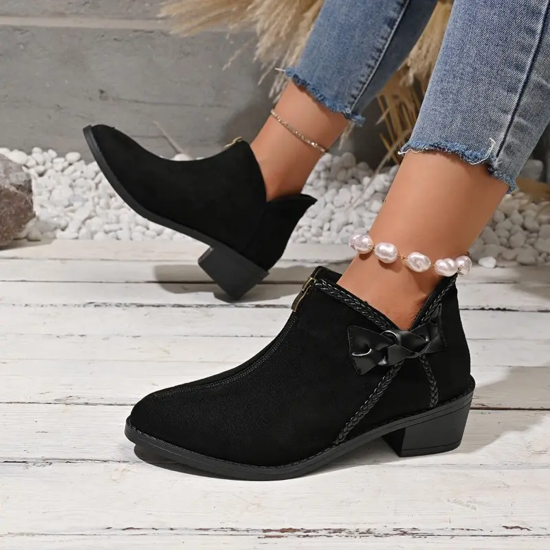 New Winter Chunky Cotton Boots Women's Pointed Suede Butterfly Knot Side Zipper Soft-soled Non-slip Ankle Boots