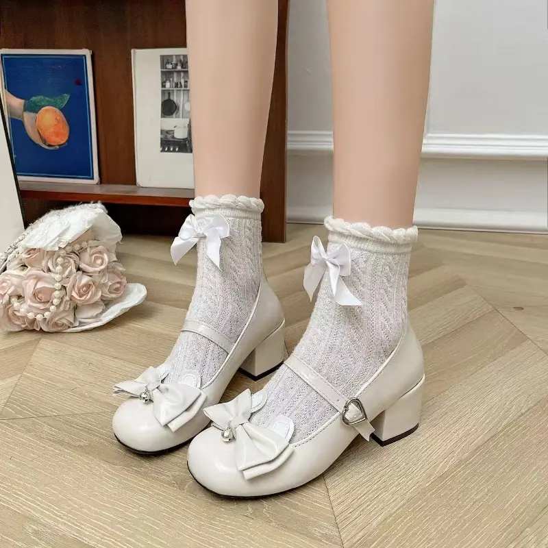 Square Heel Shoes Summer New Round Head Shallow Mouth Butterfly Knot Metal Buckle A Line with Non-slip High Heels