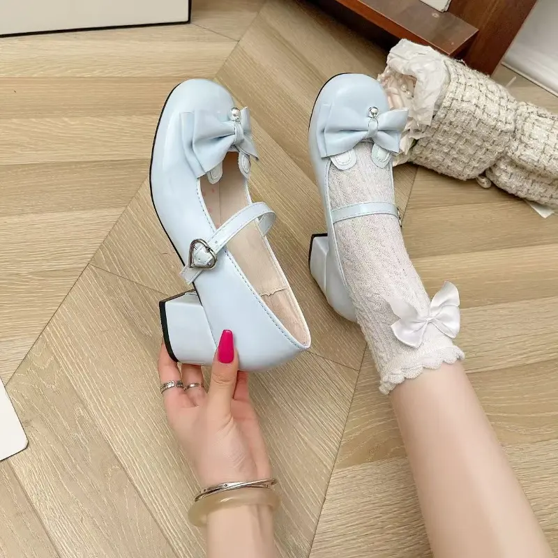Square Heel Shoes Summer New Round Head Shallow Mouth Butterfly Knot Metal Buckle A Line with Non-slip High Heels