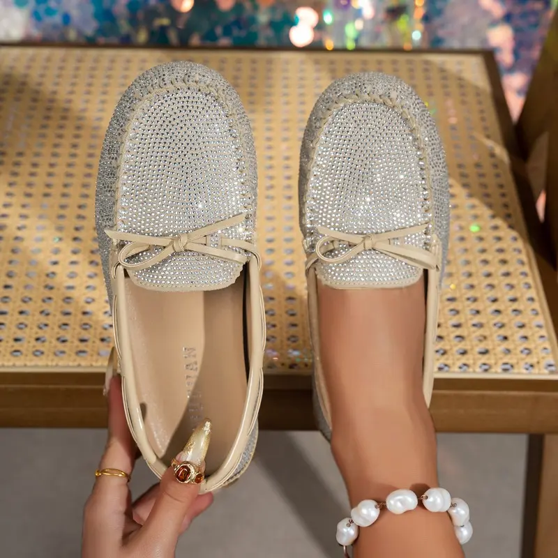 Full Diamond Flat Shoes Autumn New Round Toe Deep Mouth Bow Soft Sole Anti-slip Wear-resistant Single Shoes