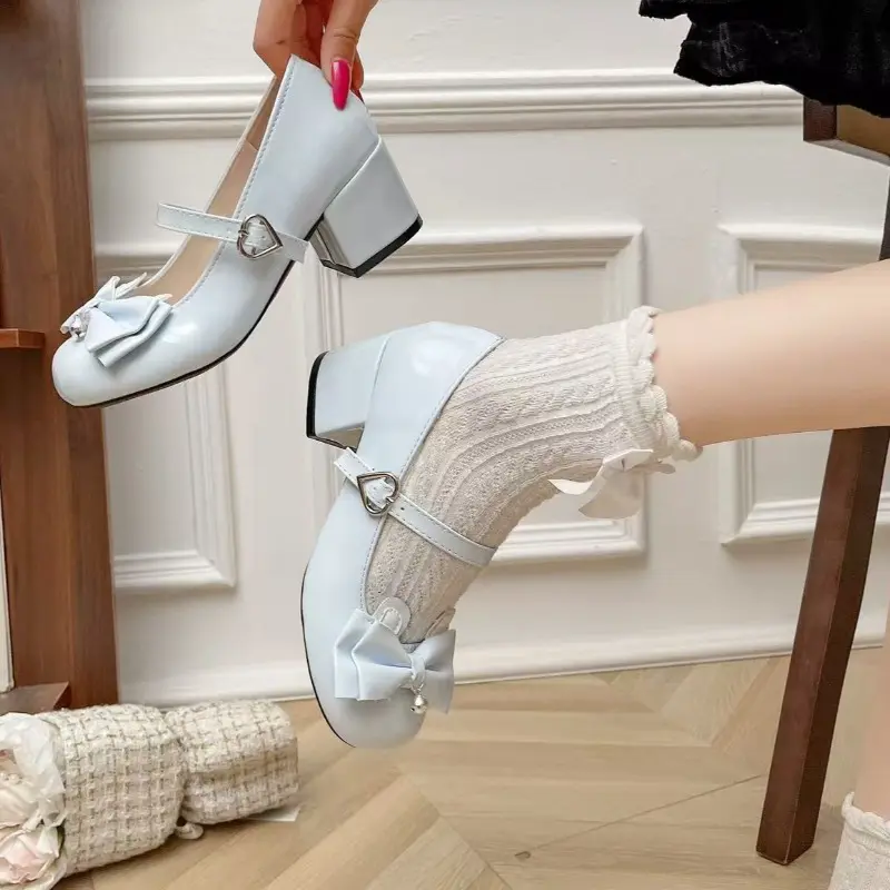 Square Heel Shoes Summer New Round Head Shallow Mouth Butterfly Knot Metal Buckle A Line with Non-slip High Heels