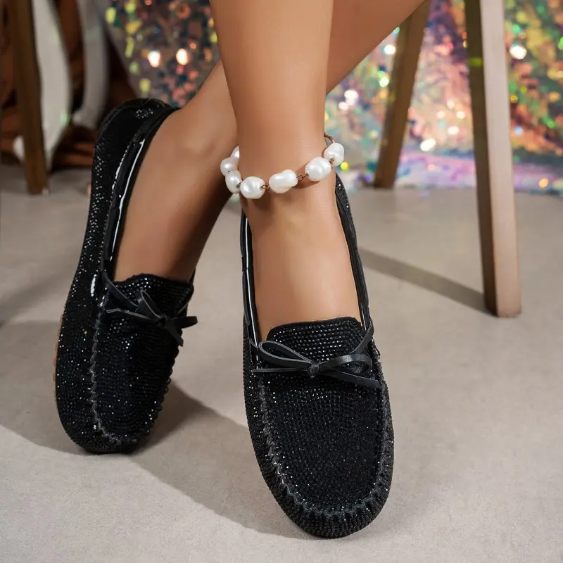 Full Diamond Flat Shoes Autumn New Round Toe Deep Mouth Bow Soft Sole Anti-slip Wear-resistant Single Shoes